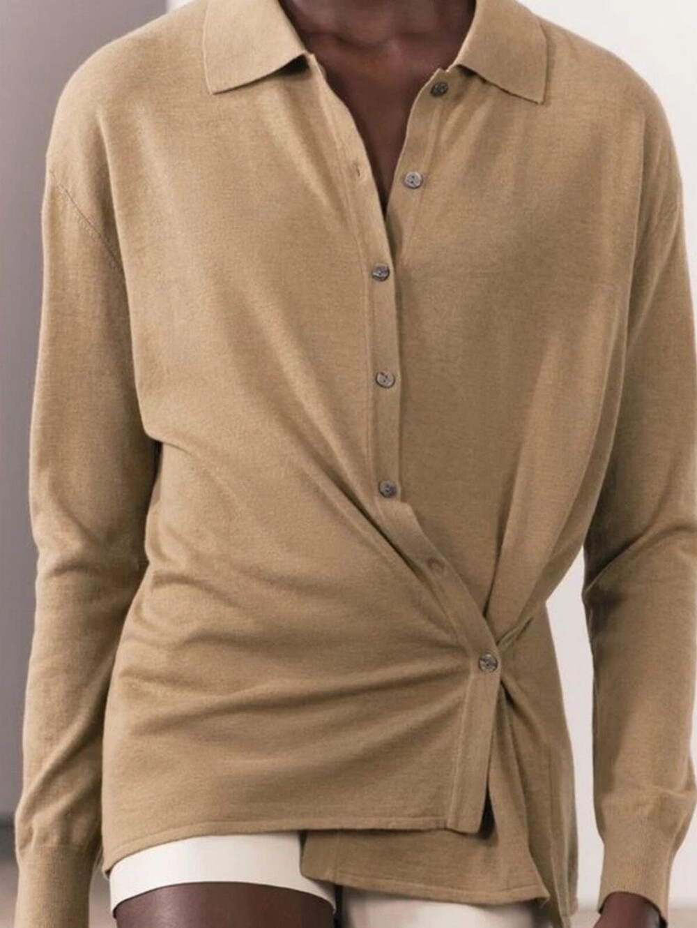 NWT ZARA Side Buttoned Knit Cardigan Sweater Polo Collar Tan Camel